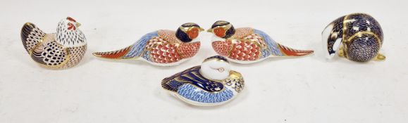 Five Royal Crown Derby bone china imari pattern animal paperweights, printed iron-red marks, some