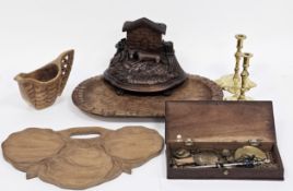 Mixed lot of carved wooden and other items, including Black Forest carved match holder in the form