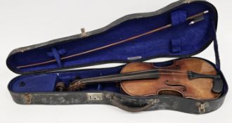 Cased violin with two piece back and a bow (box a/f), total length of violin 60cm
