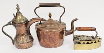 Middle Eastern copper and brass Dallah coffee pot decorated with cartouches of buildings and other