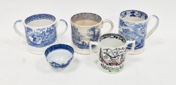 Group of 19th century Staffordshire blue and white transfer printed pottery mugs and cups,