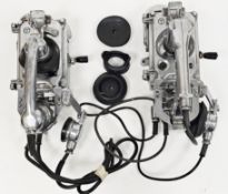 Two Soviet-era Russian submarine heavy-duty metal wall-mounted telephones, wind-up handle to
