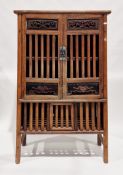 Chinese elm ' chicken coop ' kitchen cabinet, with pierced carved panels and slatted doors opening