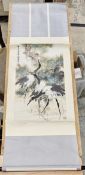 20th century Chinese scroll painting, ink, watercolour and gouache on paper, depicting crane in