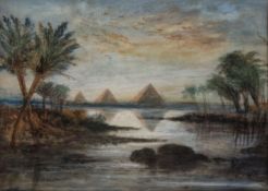 T.G. (19th century) Watercolour View of the Pyramids of Giza overlooking the Nile river,