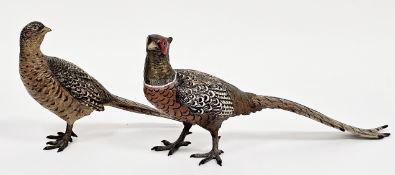 In the manner of Bergman, pair of cold-painted bronze models of a cock pheasant and a hen