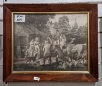 After William Bigg (1755-1828) Black and white mezzotint, figures, horses and hounds outside an