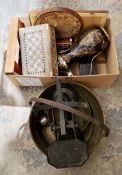 Brass jam pan and a pair of scales and a box containing an inlaid parquetry and mother of pearl box,