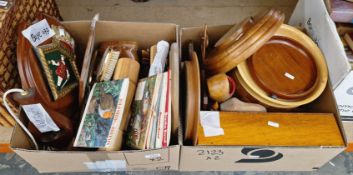 Collection of mainly wooden items including bowls, boxes, lamp base, models, etc plus two naval