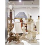 Giltwood rococo-style table lamp, 53cm high, a pair of Murano-style pink glass table lamps and three