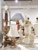 Giltwood rococo-style table lamp, 53cm high, a pair of Murano-style pink glass table lamps and three