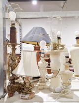 Giltwood rococo-style table lamp, 53cm high, a pair of Murano-style pink glass table lamps and three
