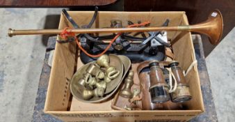 Mixed lot of metalware including a large silver plated gallery tray, a set of cast iron scales and