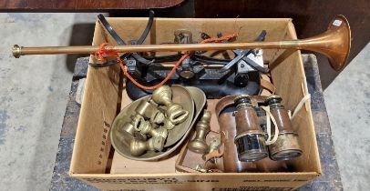 Mixed lot of metalware including a large silver plated gallery tray, a set of cast iron scales and