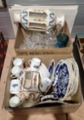 Collection of ceramics, glass and prints including Royal Chelsea farmyard coffee cans and saucers, a