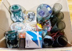 Quantity of glassware including a Liskeard green glass vase of dimpled form, another similar, a