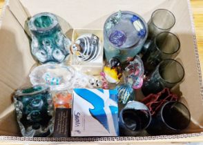 Quantity of glassware including a Liskeard green glass vase of dimpled form, another similar, a