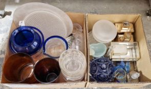 Quantity of glassware including a blue glass bowl and cover, a dish modelled as a pear, glass