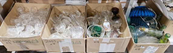 Collection of coloured and clear glass including cut and etched glass drinking glasses, blue glass