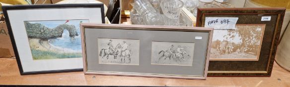 Collection of nine pictures including three embroideries, a framed RMS Queen Mary stamp, a print