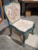 Set of six Louis XV-style metamorphic chairs, the blue painted frames with floral fabric back panels