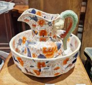 Masons ironstone-style wash jug and basin decorated in the Imari palette, jug 23cm high