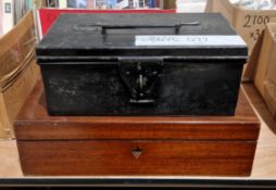 19th century black metal cash tin, 36cm wide and a 19th century mahogany writing slope box (