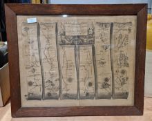 Antique John Ogilby strip map of the road from Monmouth to Llanbeder, 38cm x 47cm together with a