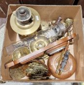 Mixed lot including copper kettle, small mahogany cased barometer, brass oil lamp, horse brasses and