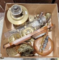 Mixed lot including copper kettle, small mahogany cased barometer, brass oil lamp, horse brasses and