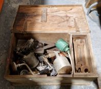 Late 19th/early 20th century pine tool box filled with various tools including spanners, blow