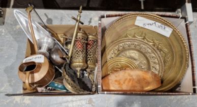 Collection of metalware including a copper housekeeper's watering can, brass relief plates, brass