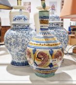 Pair of modern Chinese blue and white ginger jars and covers and a Moroccan style fez pottery bottle