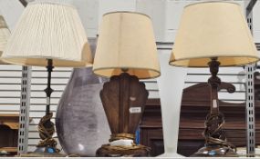 Art Deco oak table lamp of cloud form with shade, 45cm high together with another oak table lamp and