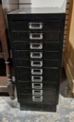 Black metal filing cabinet with ten drawers, 72cm high x 28cm wide