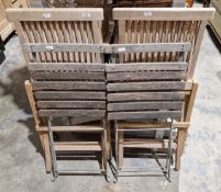 Pair of teak folding garden chairs, 47cm wide and a pair of folding garden chairs with wooden