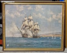 Four framed and glazed sailing ship prints including a signed Captain Roger Fisher print of HMS