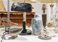 Black and gilt metal bankers-style lamp, a modern anglepoise lamp, a studio pottery vase converted