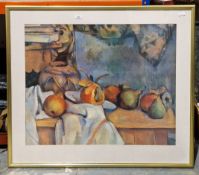 Paul Cezanne print of ginger pot with pomegranate and pears, 70cm x 87cm and a pair of prints