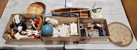 Mixed lot of collectables including marbles, postage scales, dress sword, costume dolls, wooden