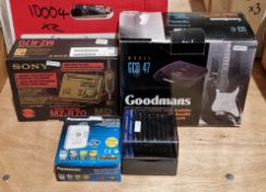 Boxed Goodmans CD player model GCD47, a boxed Sony MD walkman digital recorder MZ-R70, a boxed