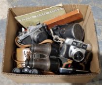 Collection of cameras, binoculars, camera accessories and other items including a Halina Paulette,