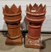 Two terracotta crown topped chimneys, tallest 77cm high (2)