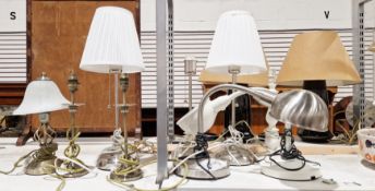 Two IKEA gooseneck desk lamps, three IKEA Astrid table lamps, another pair of table lamps, a brass-