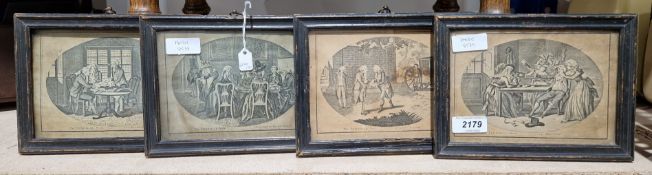 In the manner of William Hogarth a set of four black and white engravings titled 'The Prodigal Son',