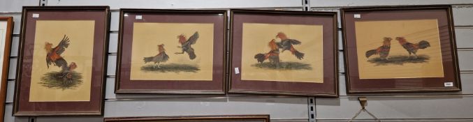 Set of four signed Francis Blackthorn prints of fighting cockerels, with gallery blindstamps, 35cm x