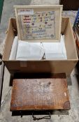Collection of vintage linen including tablecloths,  napkins and other items, a framed 20th century