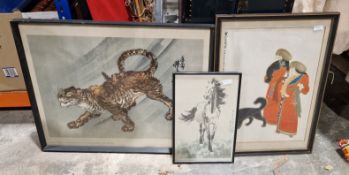 Japanese woodblock colour print of a tiger, after Kyosai, 55cm x 70cm, a Chinese print after Zhang