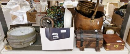 V Outdoor thermometer on scrolling metal bracket, a copper coal scuttle, a mantel clock, a leaded