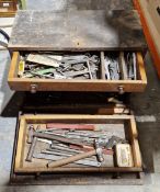Late 19th/early 20th century wooden tool cabinet, a drop down front opening to two drawers, filled